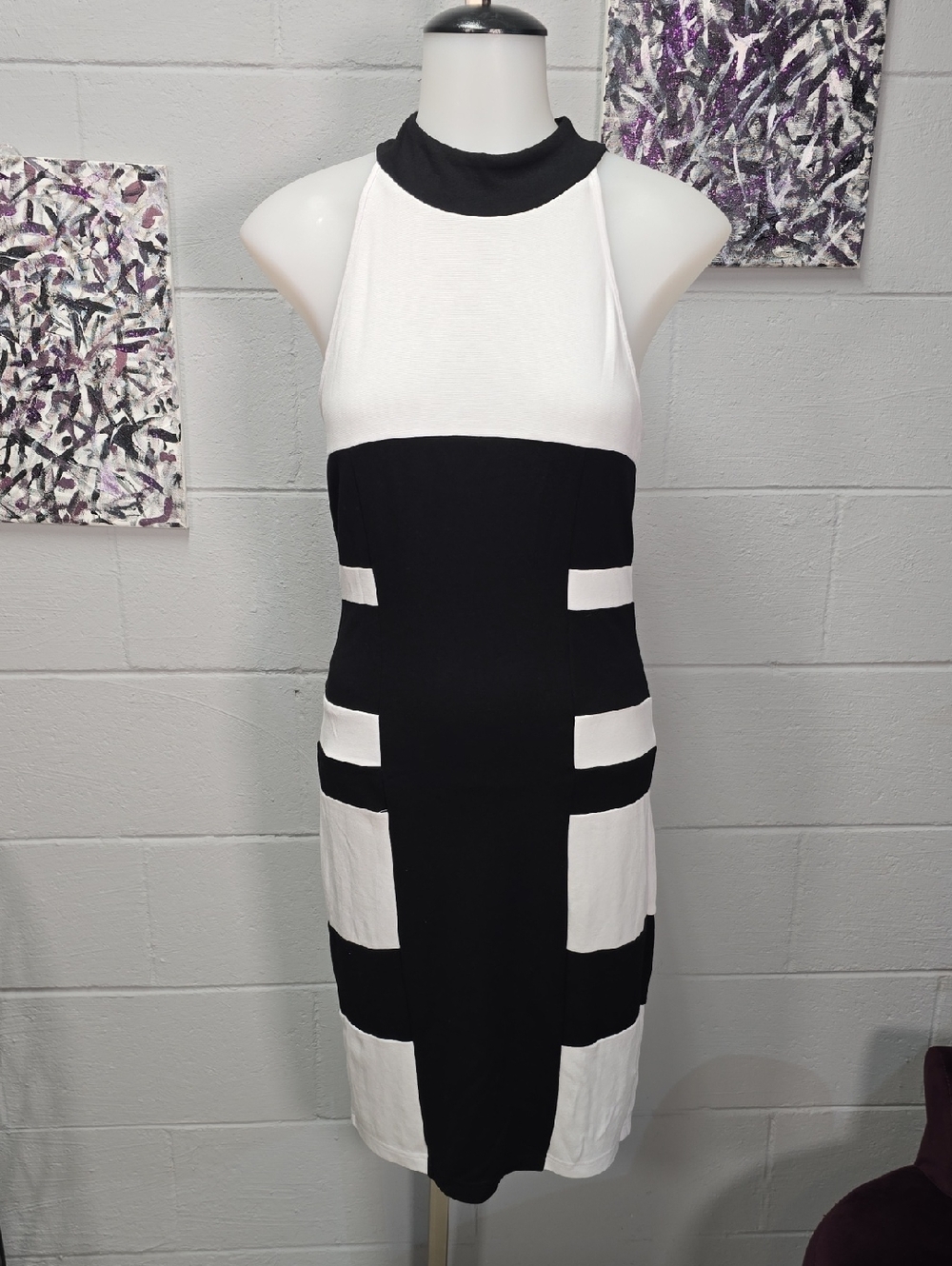 VENUS Black and White Halter Colorblock Midi Dress
